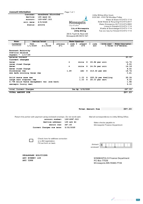 USA Minnesota Minneapolis City of Lakes business utility bill template in Word and PDF formats